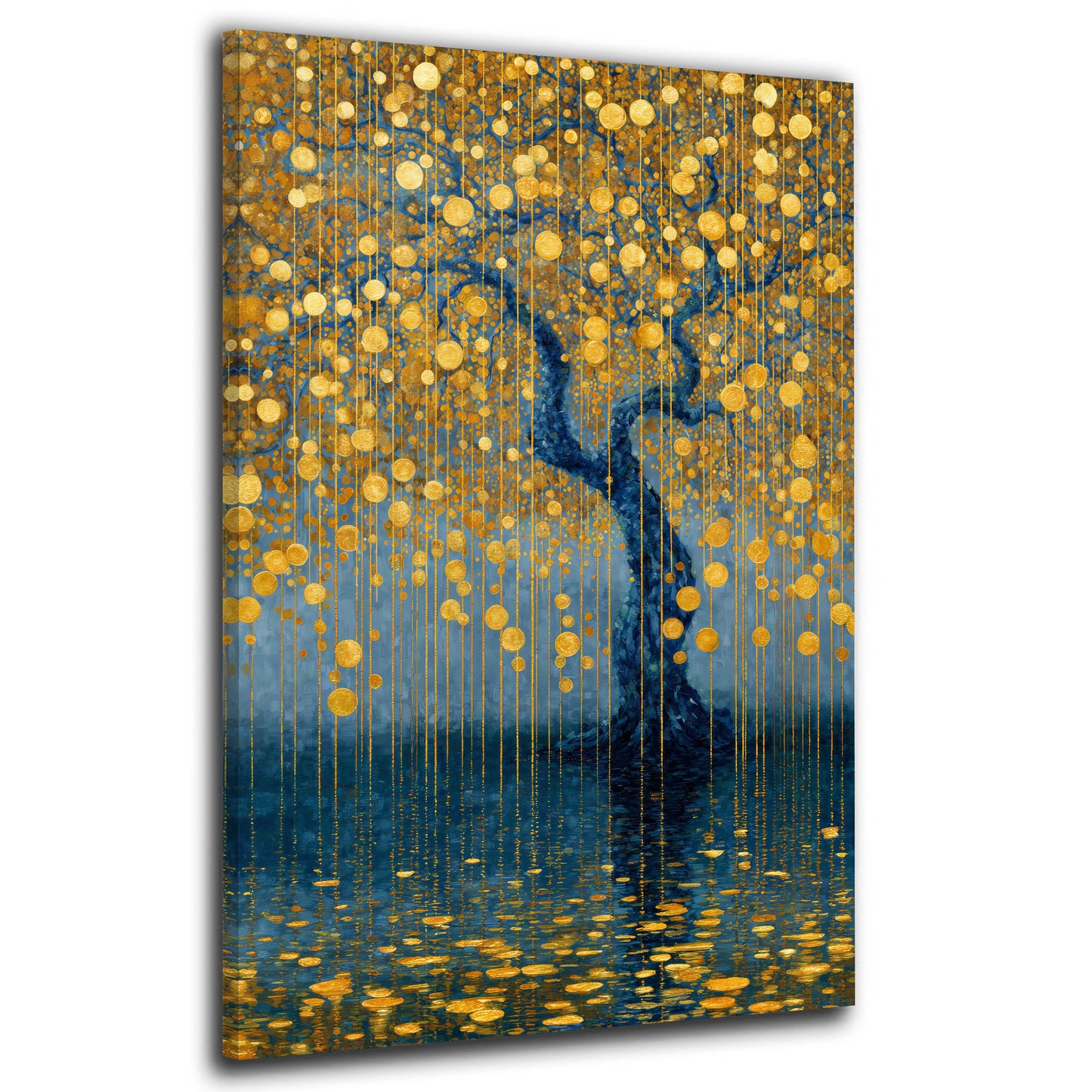 Albero blu cerchi dorati pioggia riflesso lago quadro
