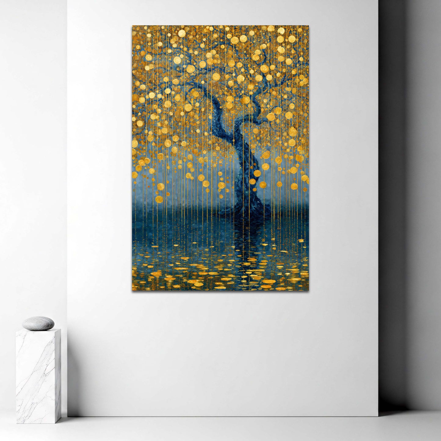 Albero blu cerchi dorati pioggia riflesso lago quadro