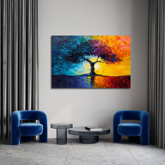 Quadro albero blu e rosso in soggiorno