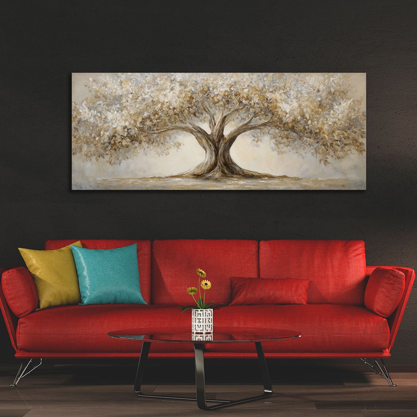 Albero della vita natura foglie dorate arte panoramica quadro