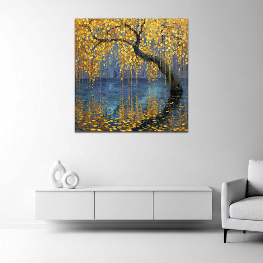 Albero dorato lago riflesso paesaggio astratto arte quadro