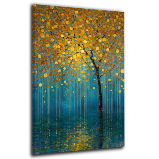 Albero dorato turchese blu pioggia riflesso acqua quadro
