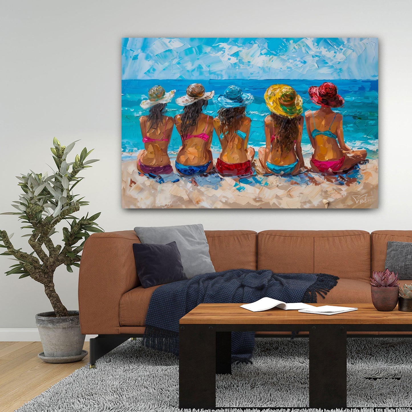 Amiche sulla spiaggia dipinto con colori intensi quadro