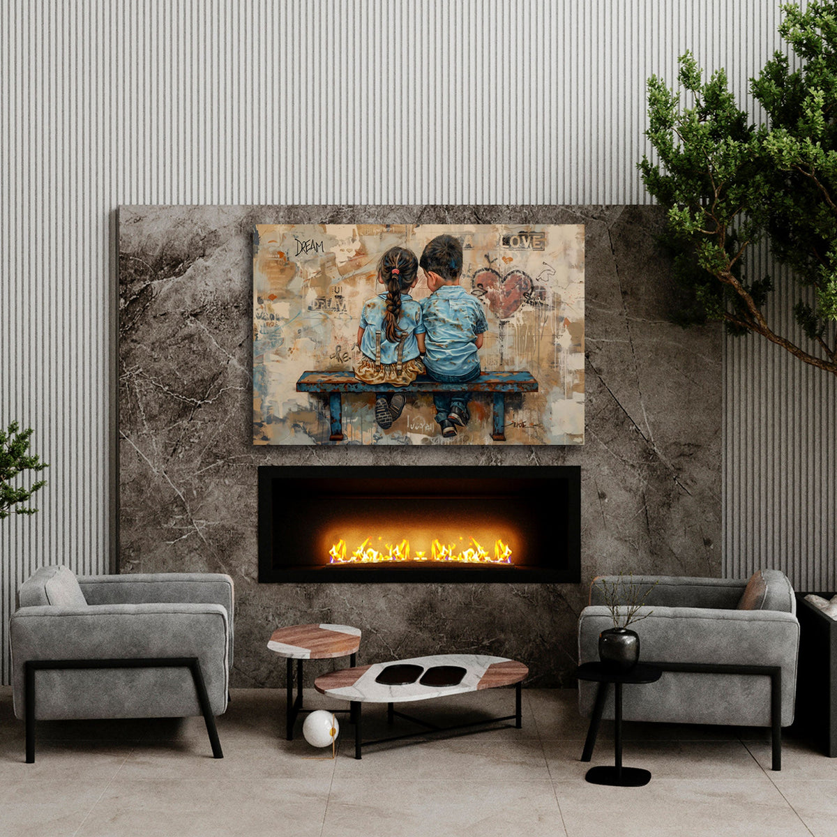 Amicizia tra bambini su panchina con muro vintage e cuore quadro