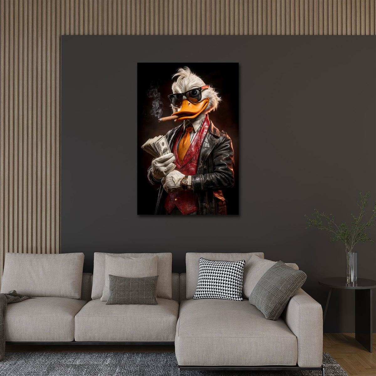Anatra in abito elegante con denaro e successo quadro
