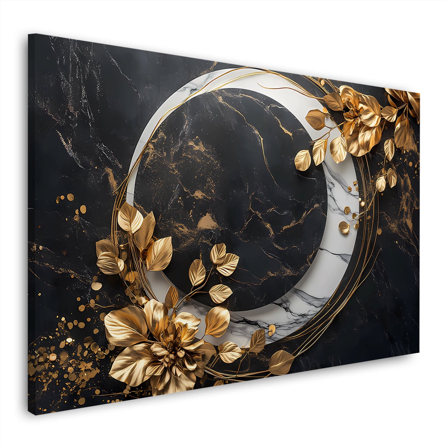 Arte elegante fiori dorati e motivo marmo nero quadro