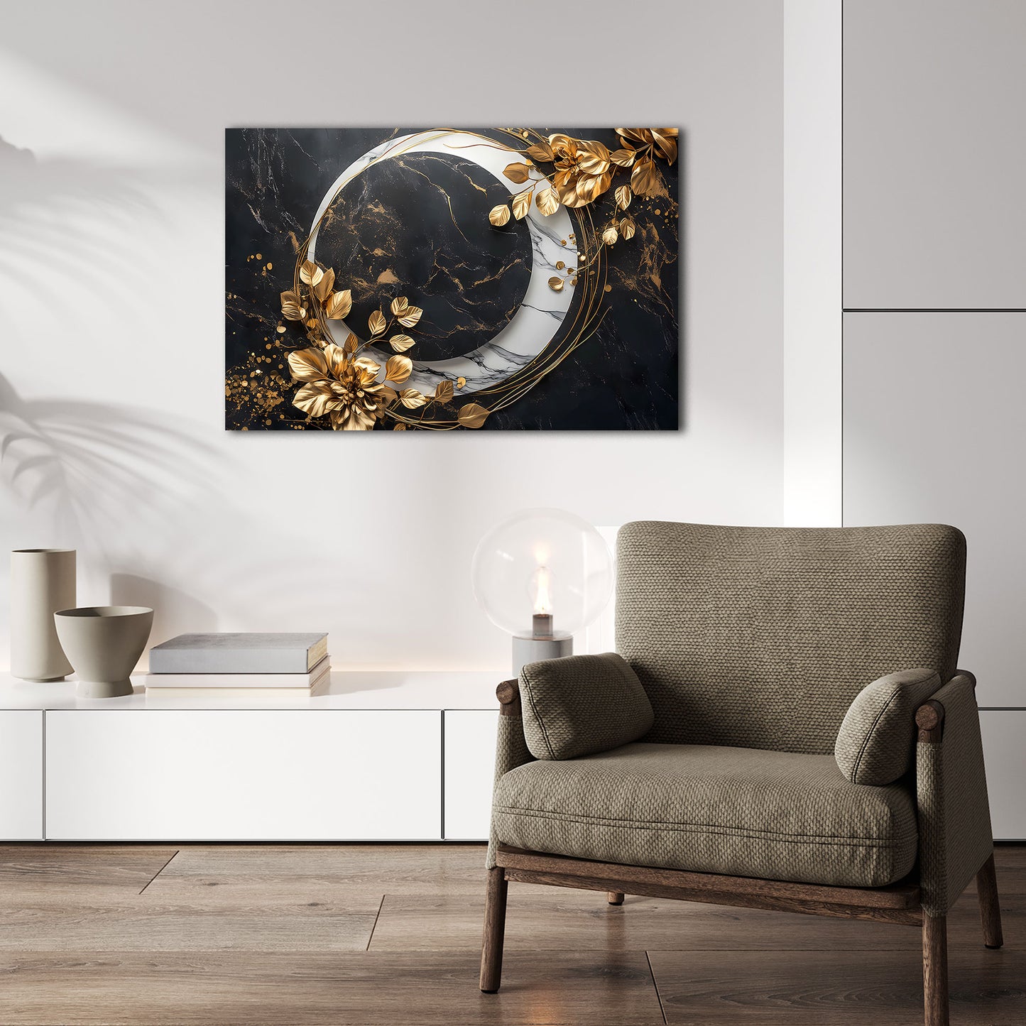 Arte elegante fiori dorati e motivo marmo nero quadro