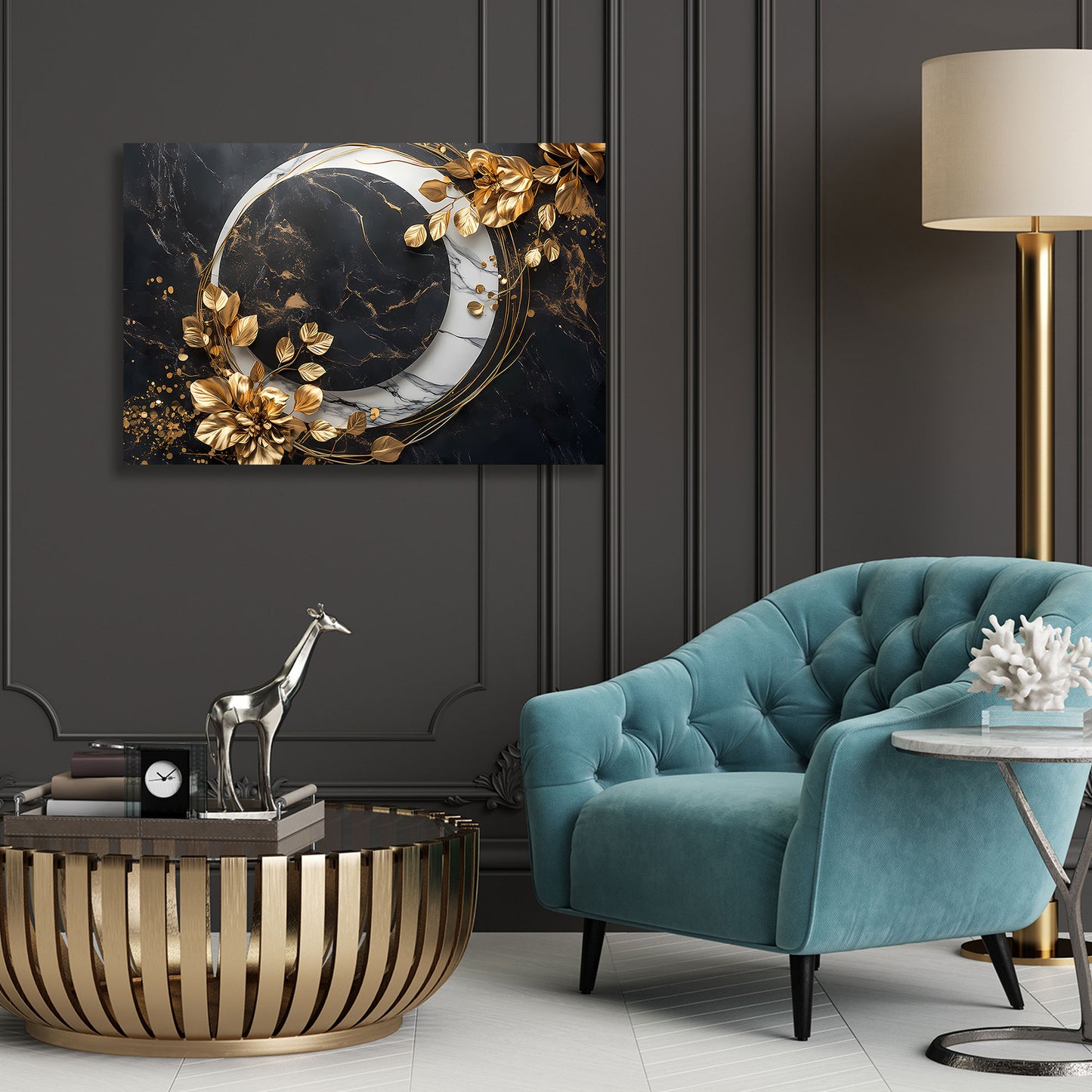 Arte elegante fiori dorati e motivo marmo nero quadro