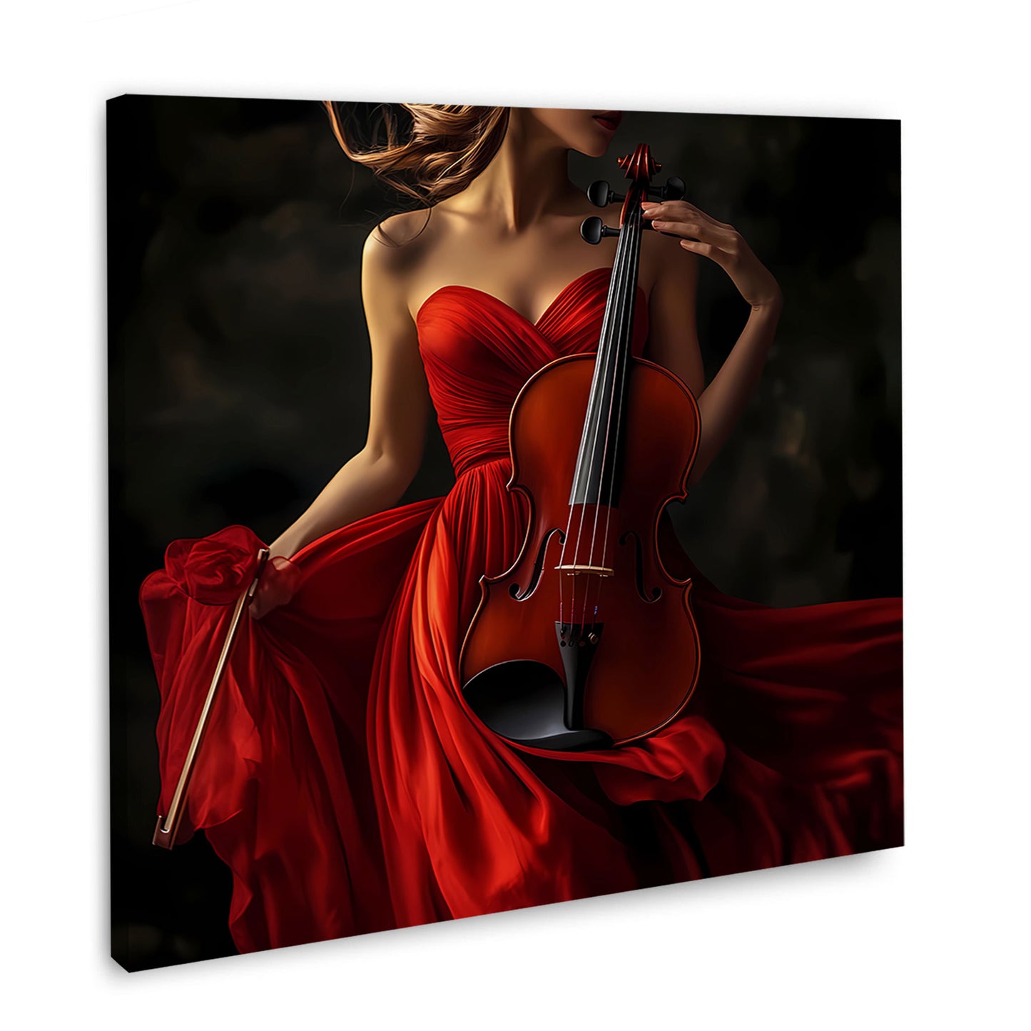 Arte femminile elegante con violino e abito rosso quadro