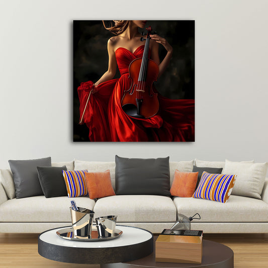 Arte femminile elegante con violino e abito rosso quadro