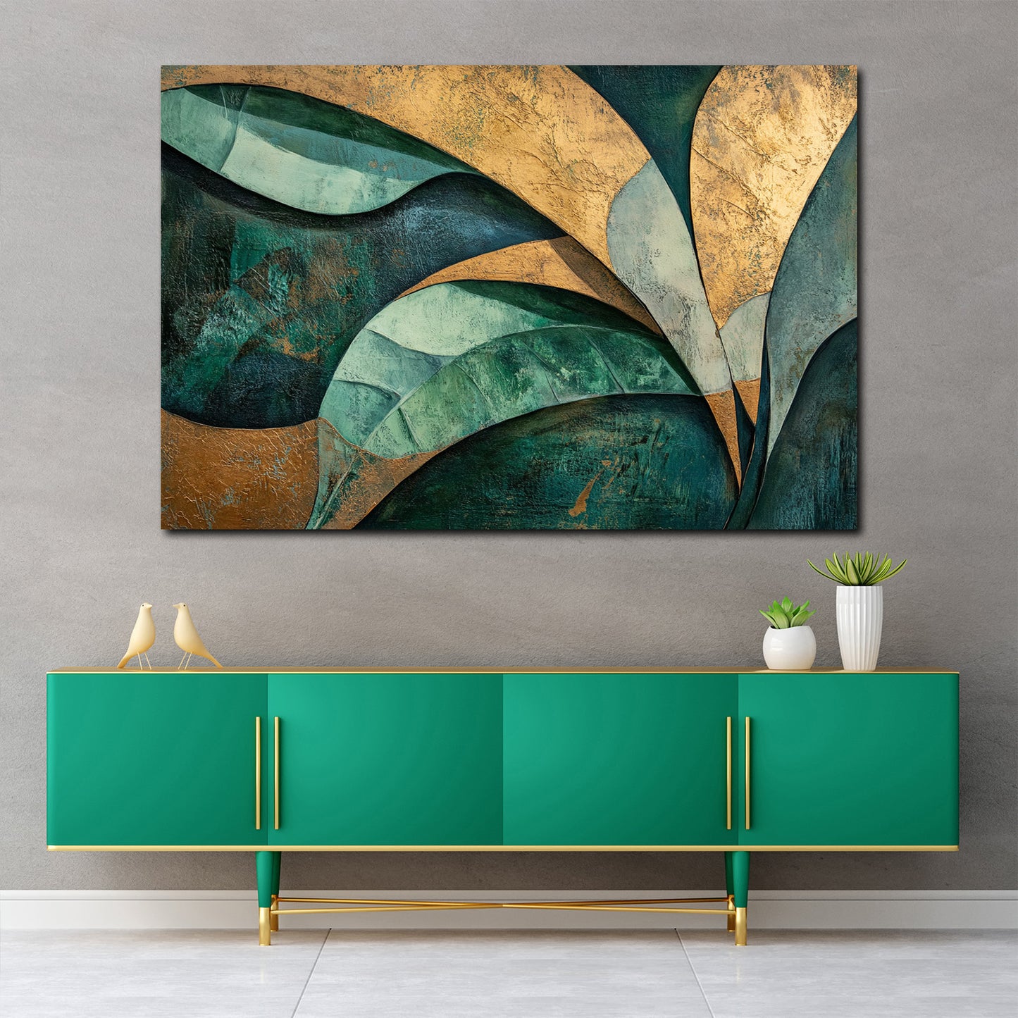 Astratto foglie verdi dorate forme eleganti in rilievo quadro