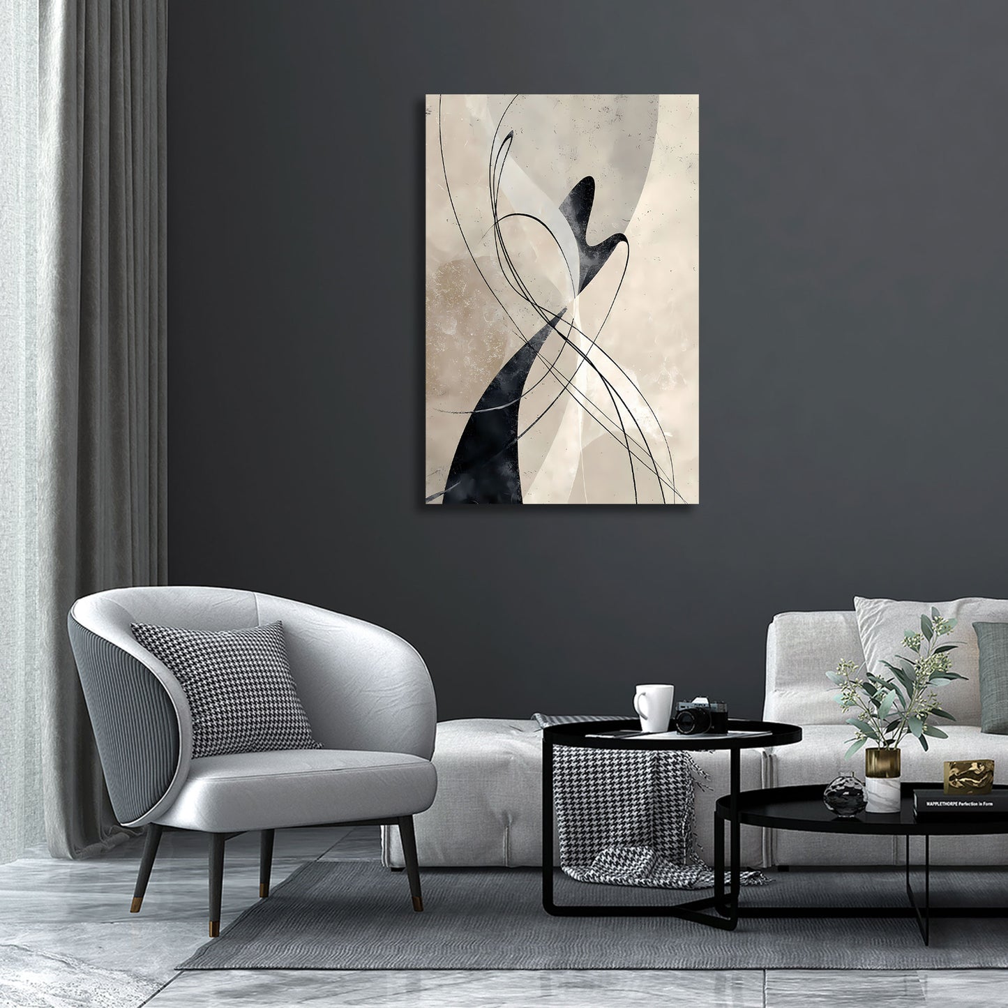 Astratta linee fluide contrasto nero beige quadro