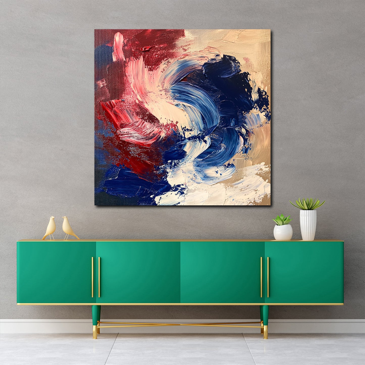 Astratto blu rosso crema pennellate vivaci su fondo neutro quadro