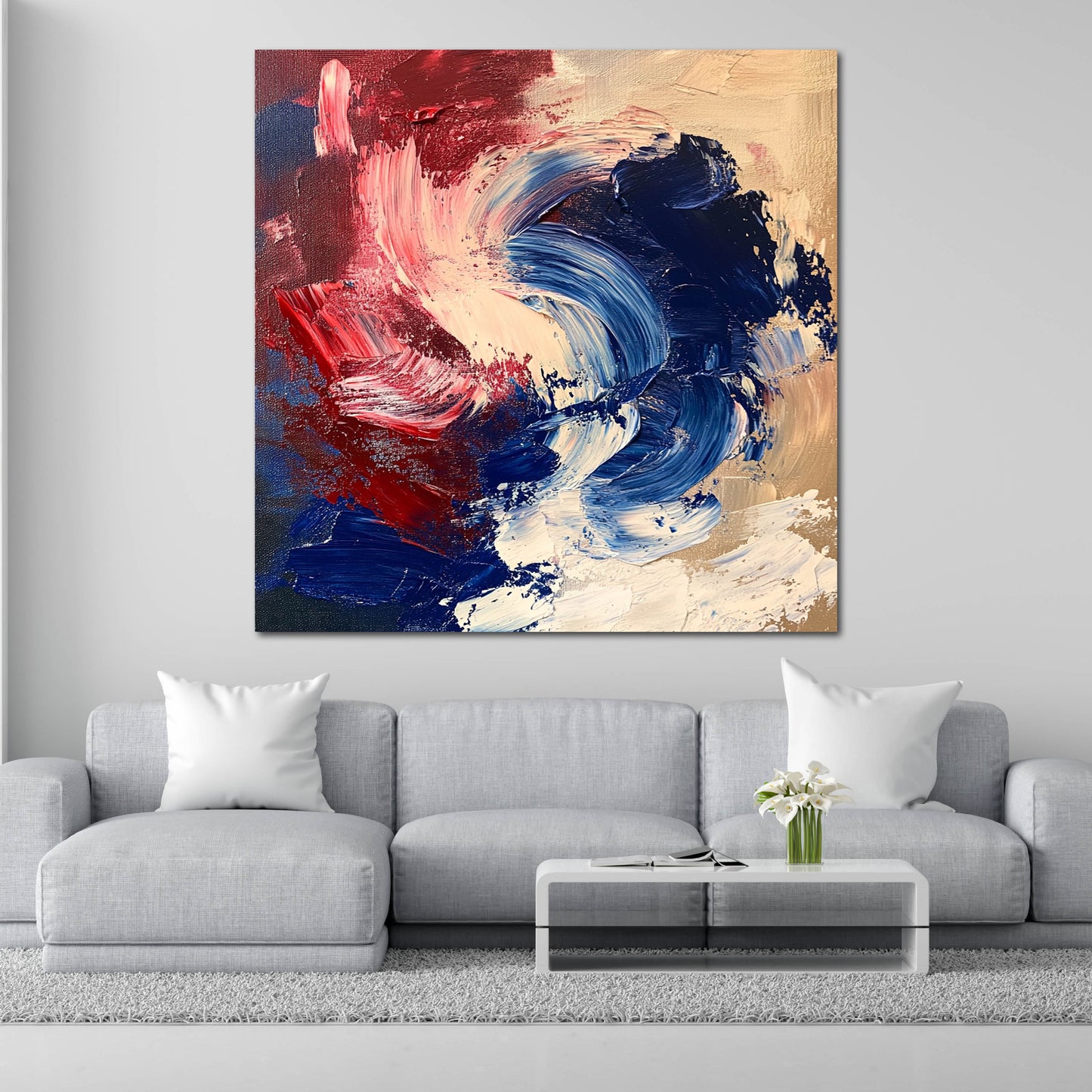 Astratto blu rosso crema pennellate vivaci su fondo neutro quadro