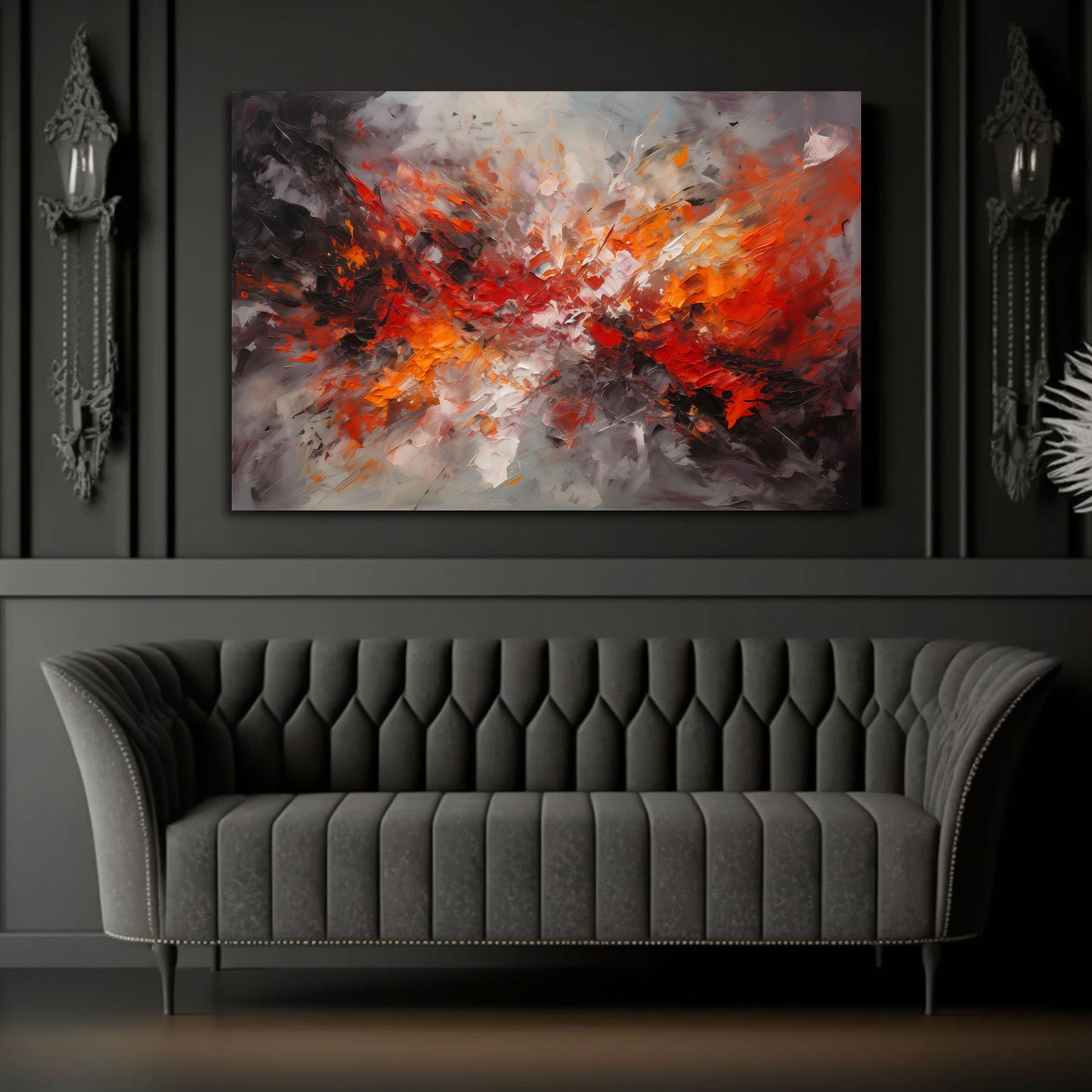 Astratto esplosione rosso arancione nero dinamica arte quadro