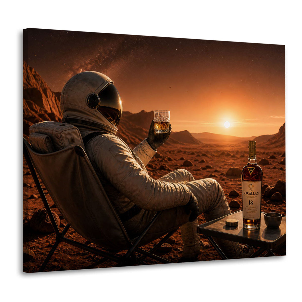 Astronauta con drink su sdraio sul pianeta rosso quadro