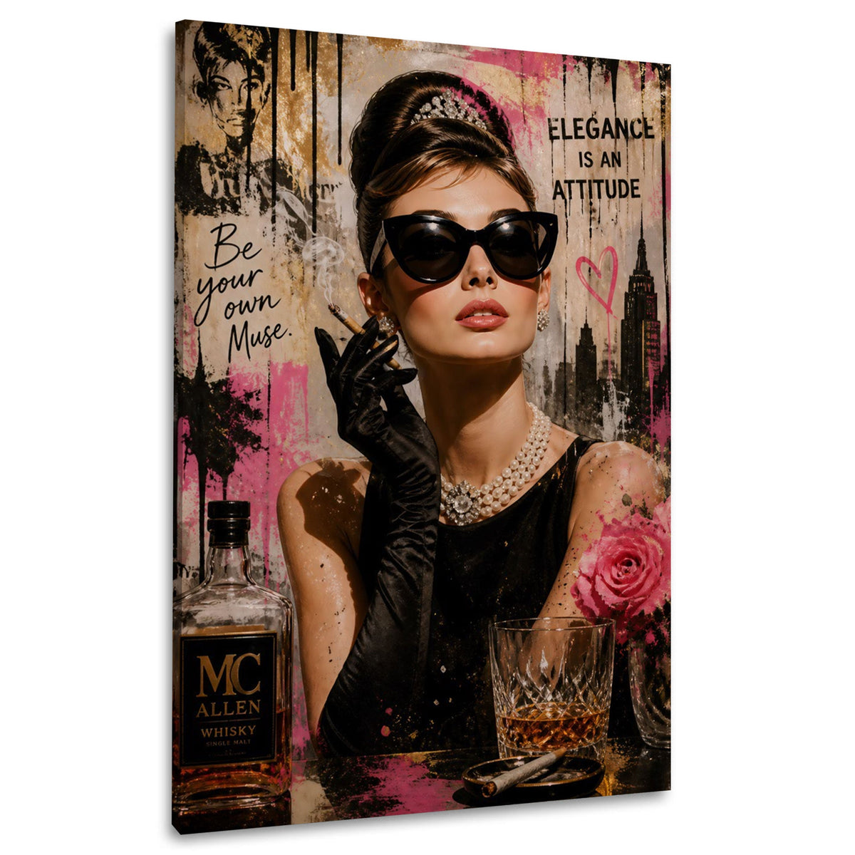 Audrey con occhiali da sole e collana di perle Street Art quadro