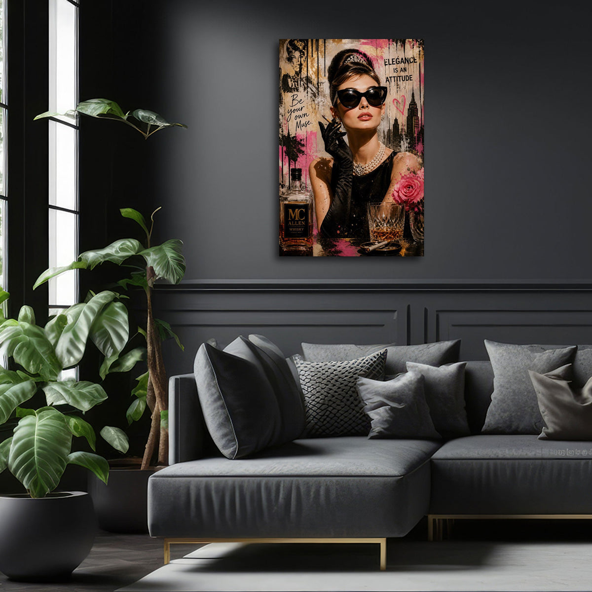 Audrey con occhiali da sole e collana di perle Street Art quadro