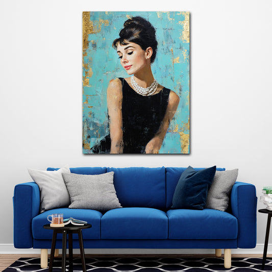 Audrey ritratto elegante con perle sfondo turchese quadro