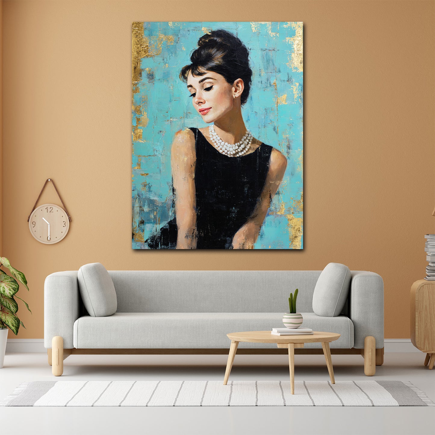 Audrey ritratto elegante con perle sfondo turchese quadro