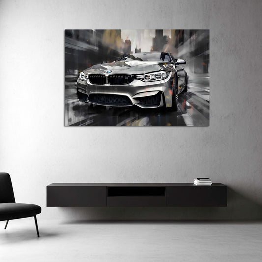 Auto BMW argento dinamico città moderna quadro