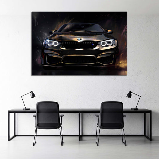 Auto BMW nero e oro riflessi notturni luminosi quadro