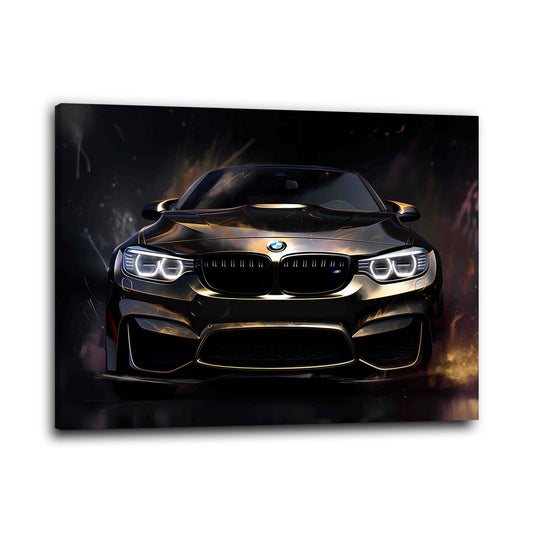 Auto BMW nero e oro riflessi notturni luminosi quadro