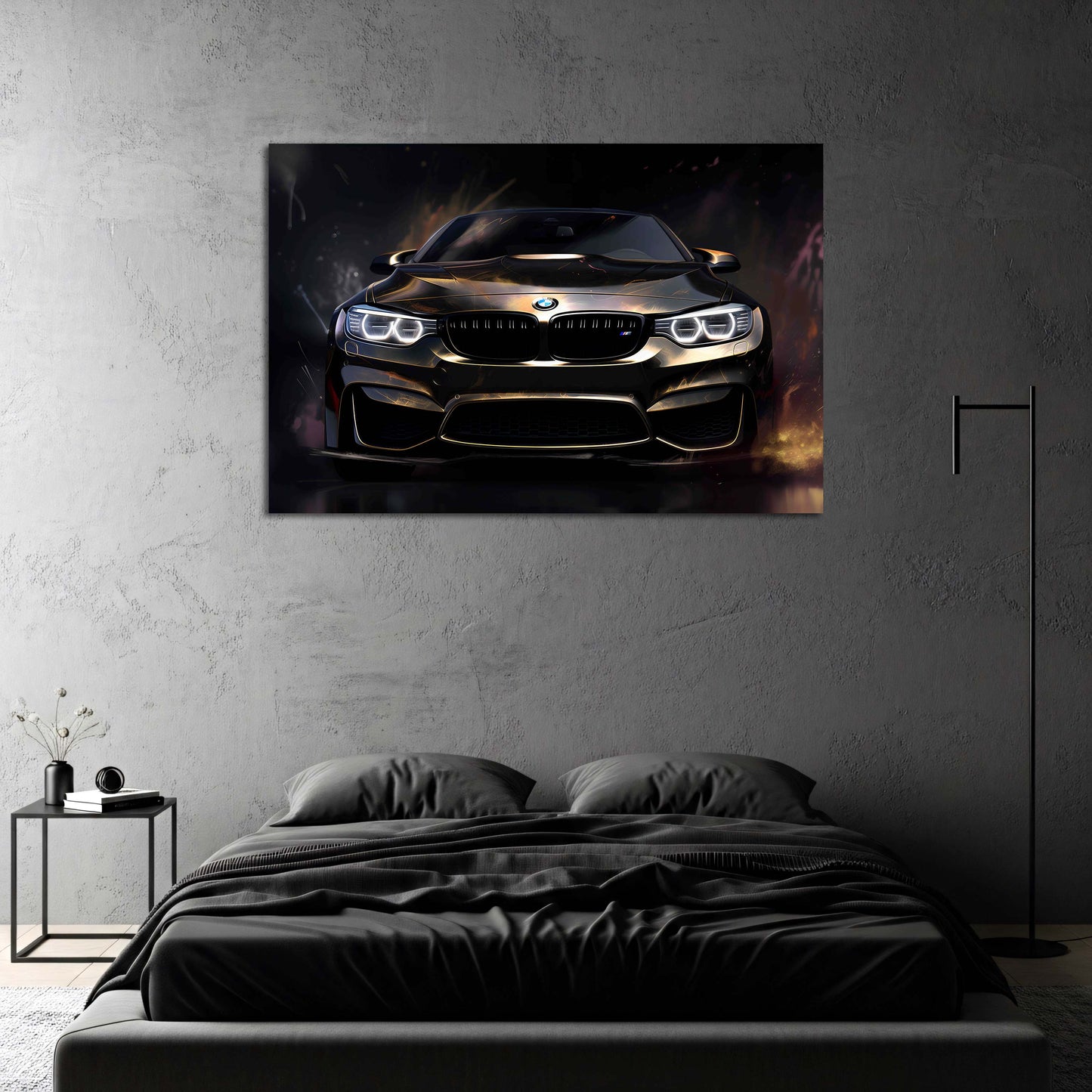 Auto BMW nero e oro riflessi notturni luminosi quadro