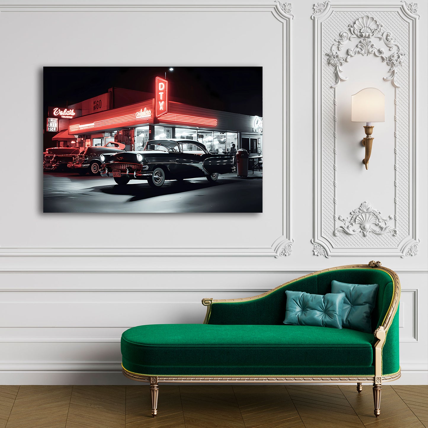 Auto d’epoca americano con diner e luci pop art quadro