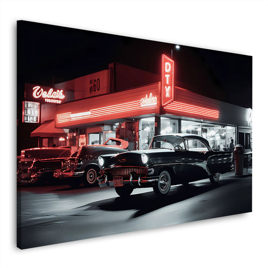 Auto d’epoca americano con diner e luci pop art quadro
