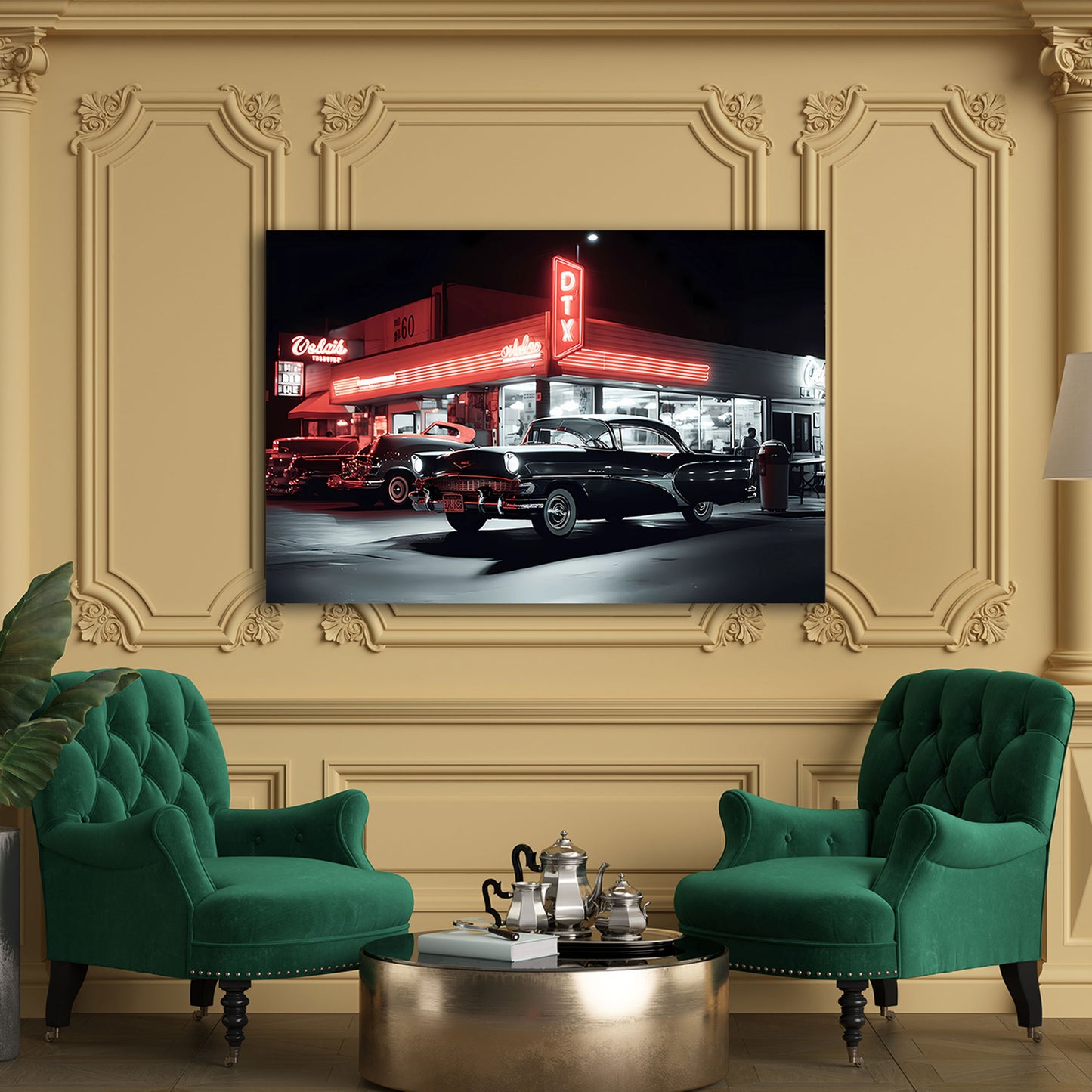 Auto d’epoca americano con diner e luci pop art quadro