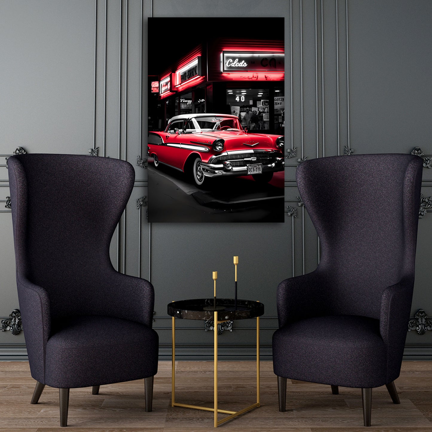 Auto d'epoca americano con luci al neon rosse quadro