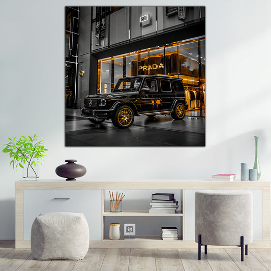 Auto di lusso suv nero davanti boutique Prada quadro
