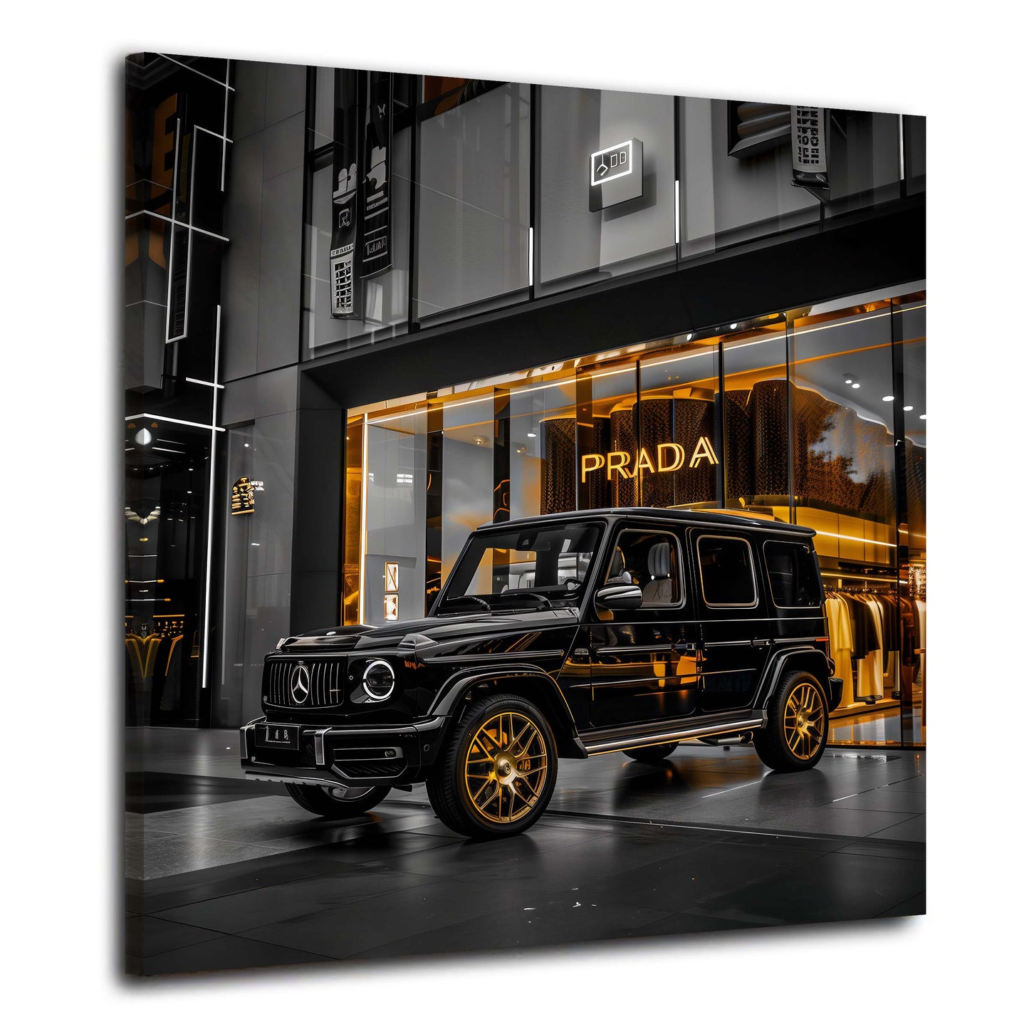 Auto di lusso suv nero davanti boutique Prada quadro