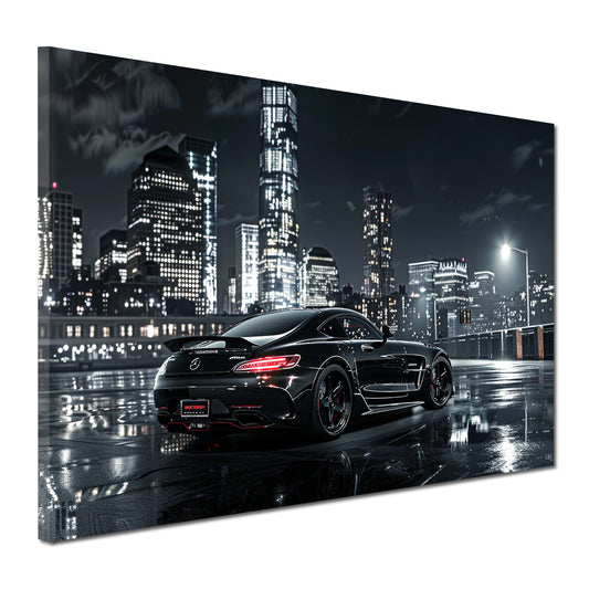 Auto nero sportivo città illuminata notte asfalto bagnato quadro