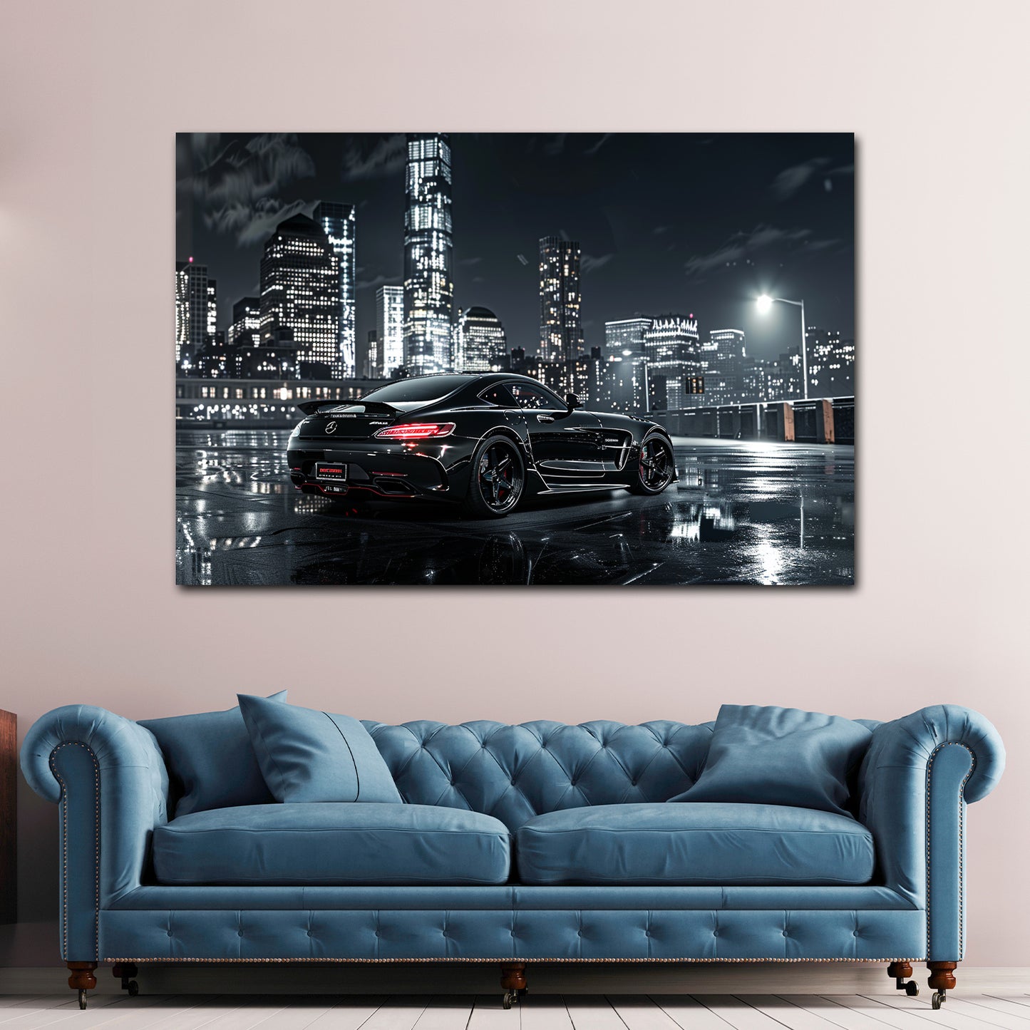 Auto nero sportivo città illuminata notte asfalto bagnato quadro