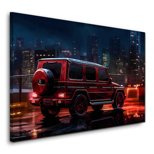 Auto rossa Classe G di notte davanti con lo skyline quadro