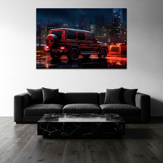 Auto rossa Classe G di notte davanti con lo skyline quadro