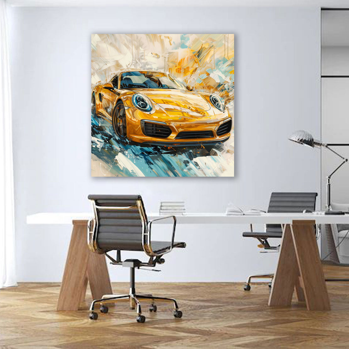 Auto sportivo dorato pittura astratta velocità quadro