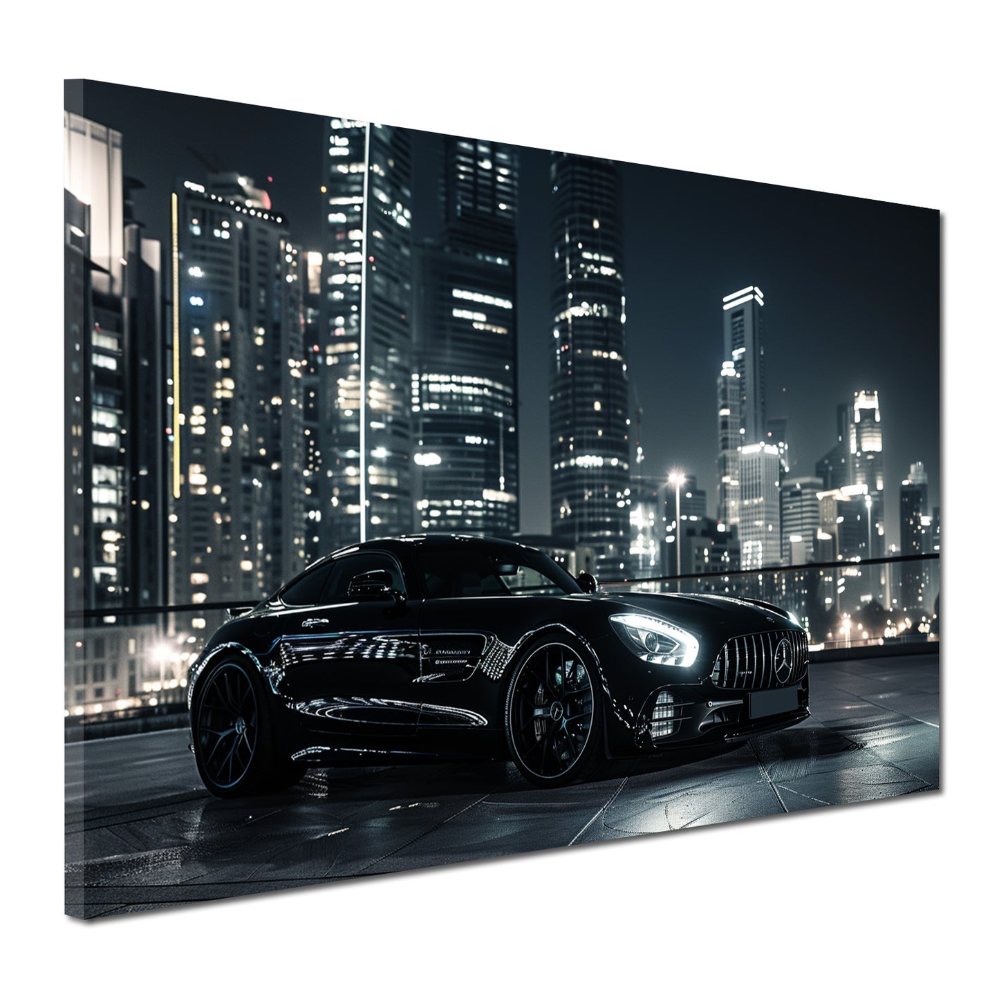 Auto sportivo nero città notturna skyline lusso quadro