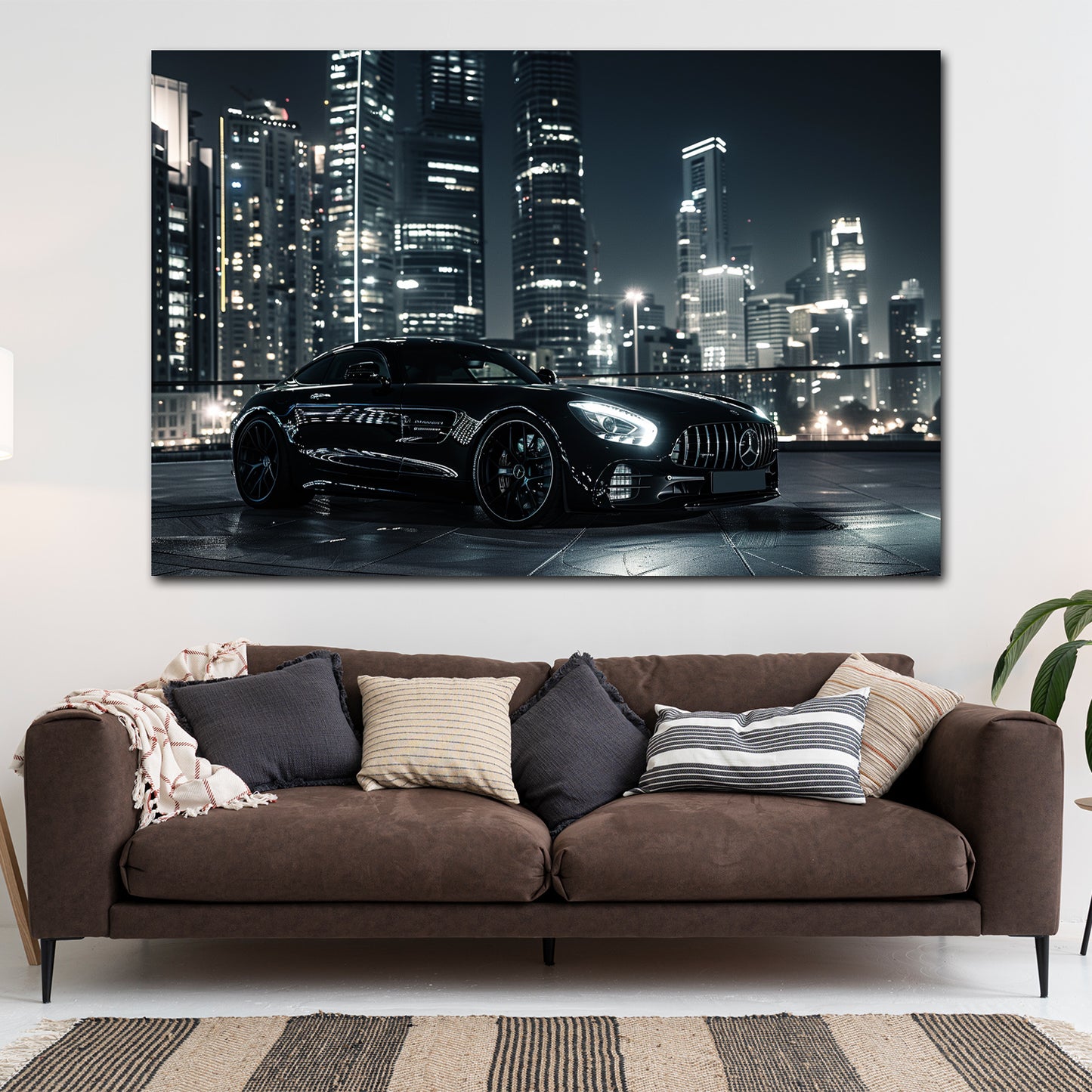 Auto sportivo nero città notturna skyline lusso quadro