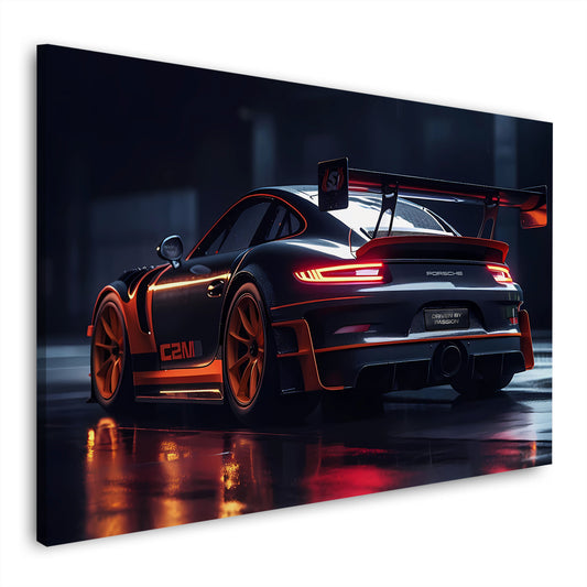 Auto sportivo nero porsche velocità design notturno quadro