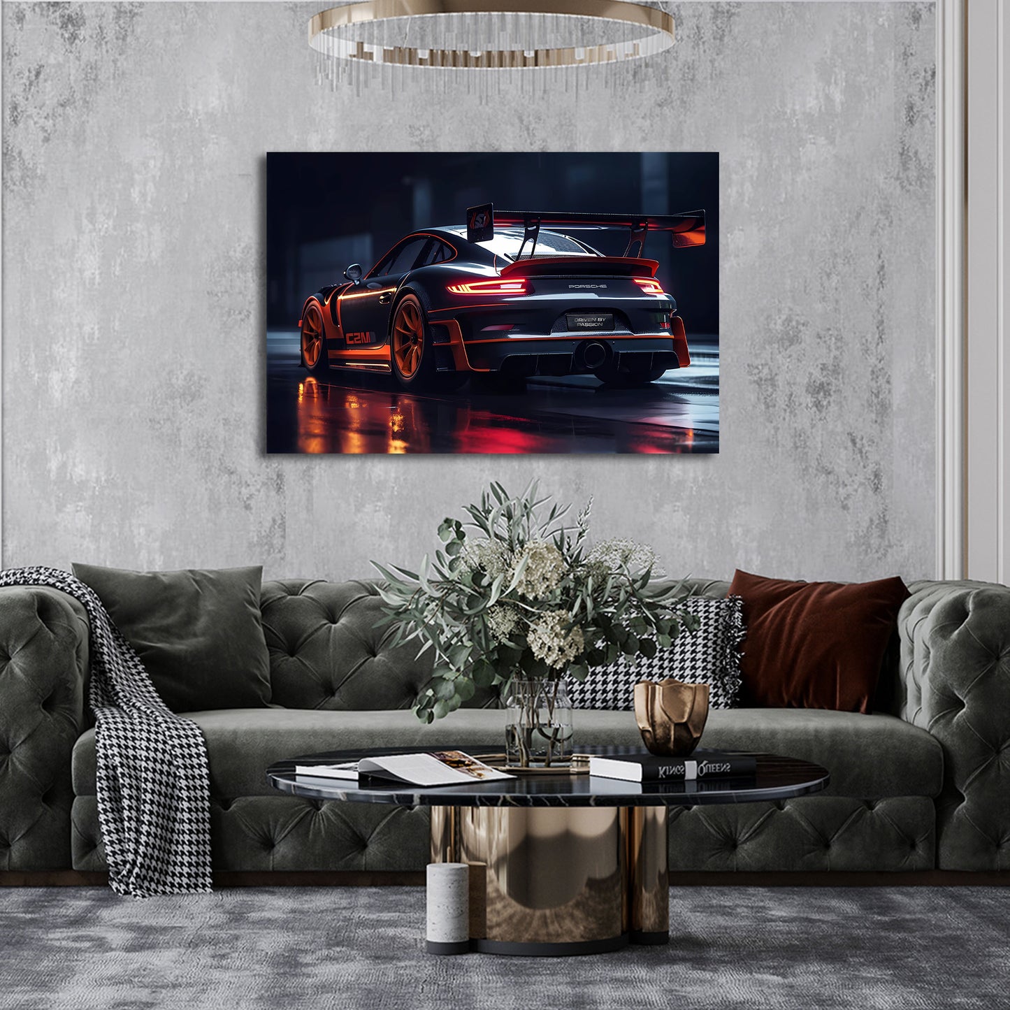 Auto sportivo nero porsche velocità design notturno quadro