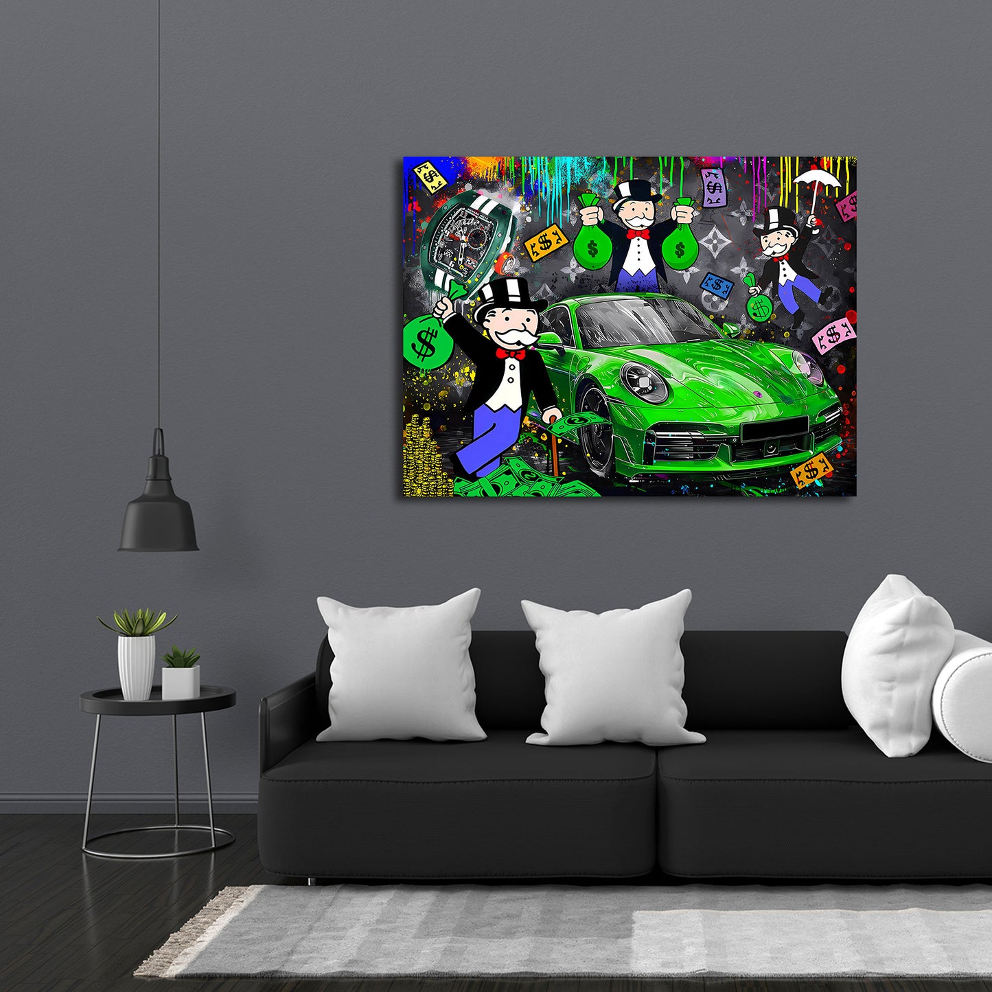 Auto verde lusso soldi orologio arte pop quadro