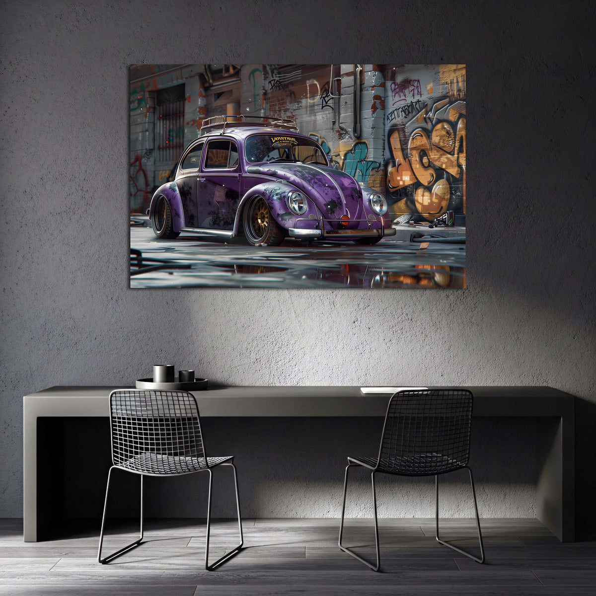 Auto vintage maggiolino viola con graffiti street art quadro