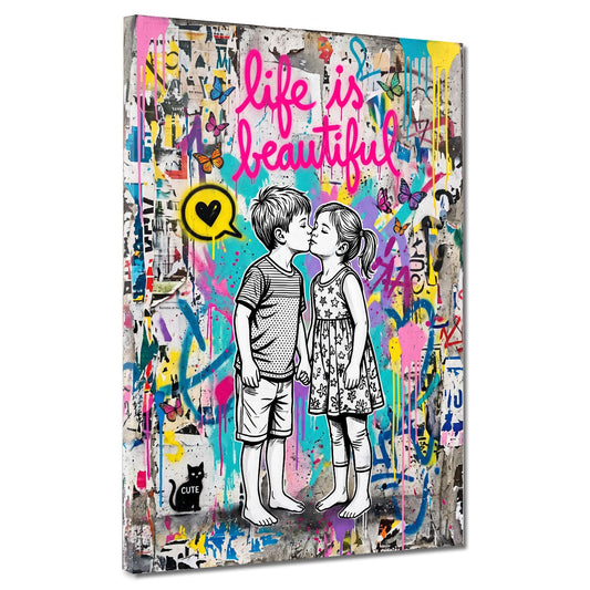 Bacio tra bambini Life is Beautiful Street Art Graffiti quadro