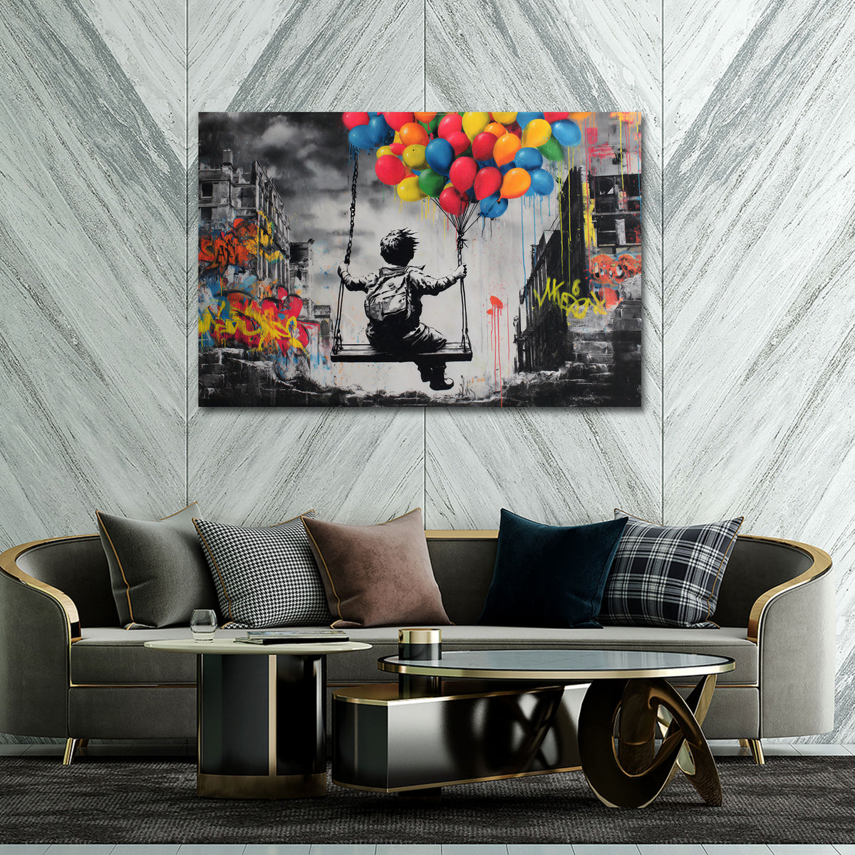 Bambino altalena palloncini colorati street art città quadro