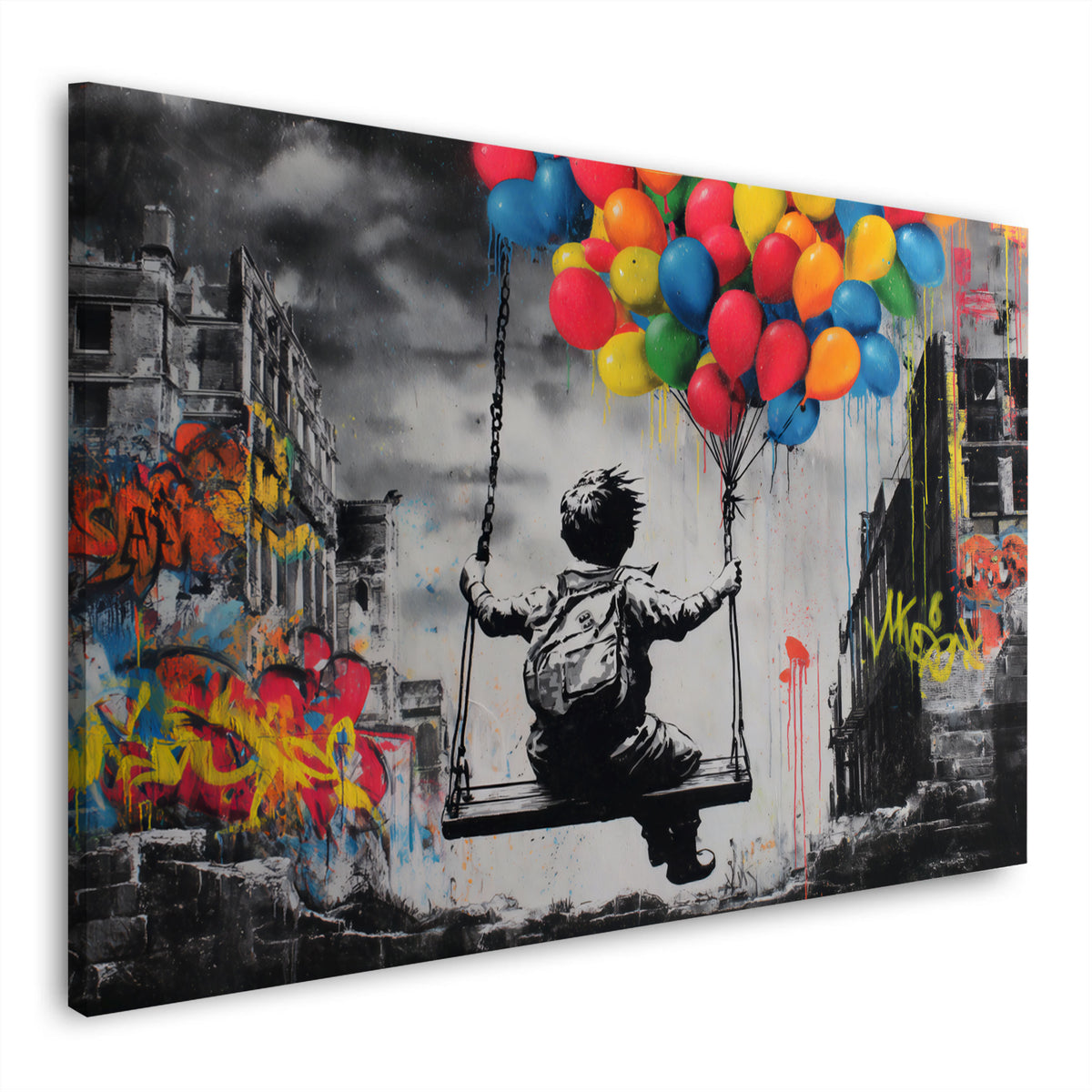 Bambino altalena palloncini colorati street art città quadro