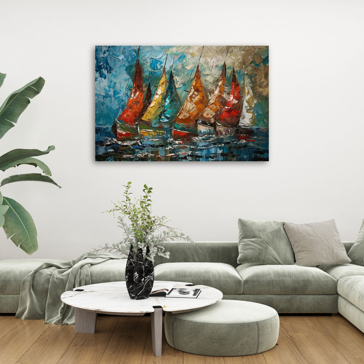 Barche a vela colorate sul mare in stile espressivo quadro