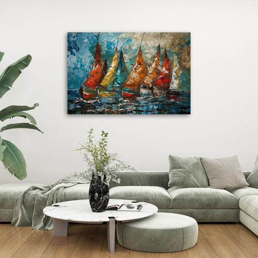 Barche a vela colorate sul mare in stile espressivo quadro